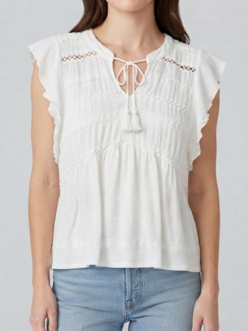 White Crochet-Trim Flutter Sleeve Blouse